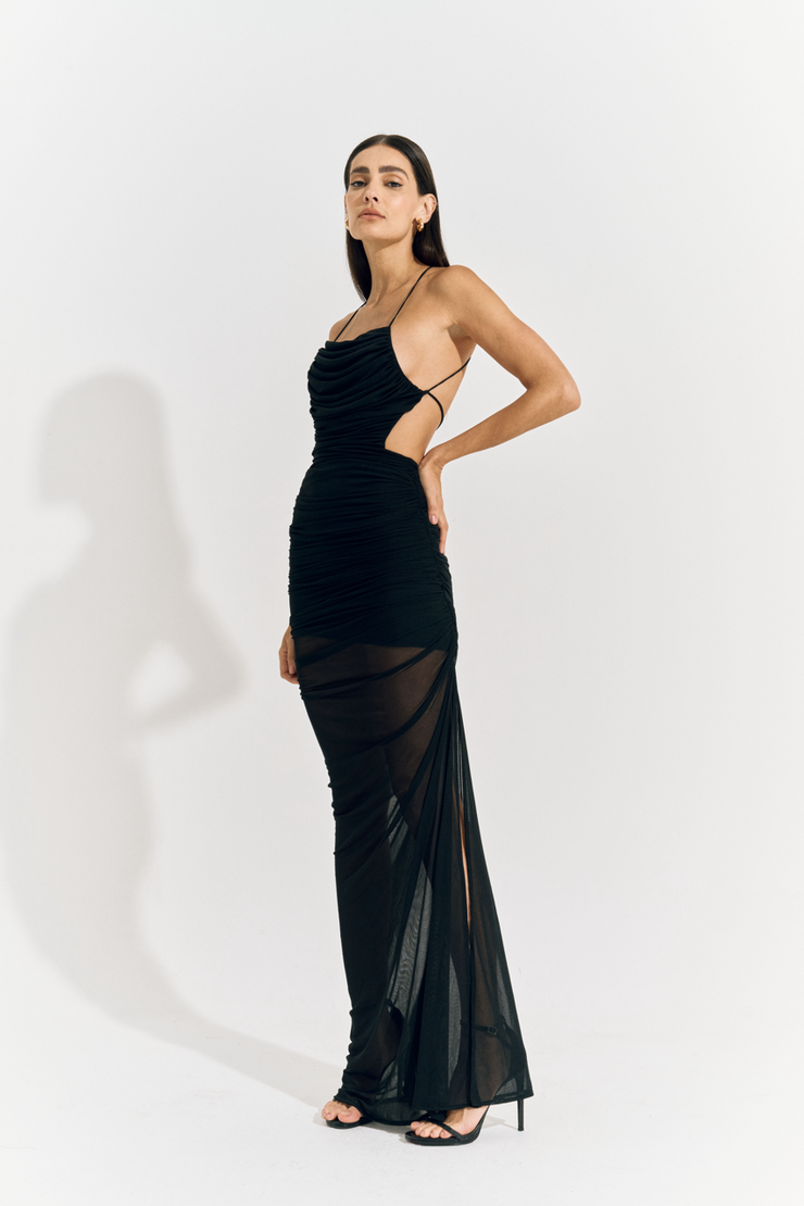 Vestido Longo Drapeado Tule Preto